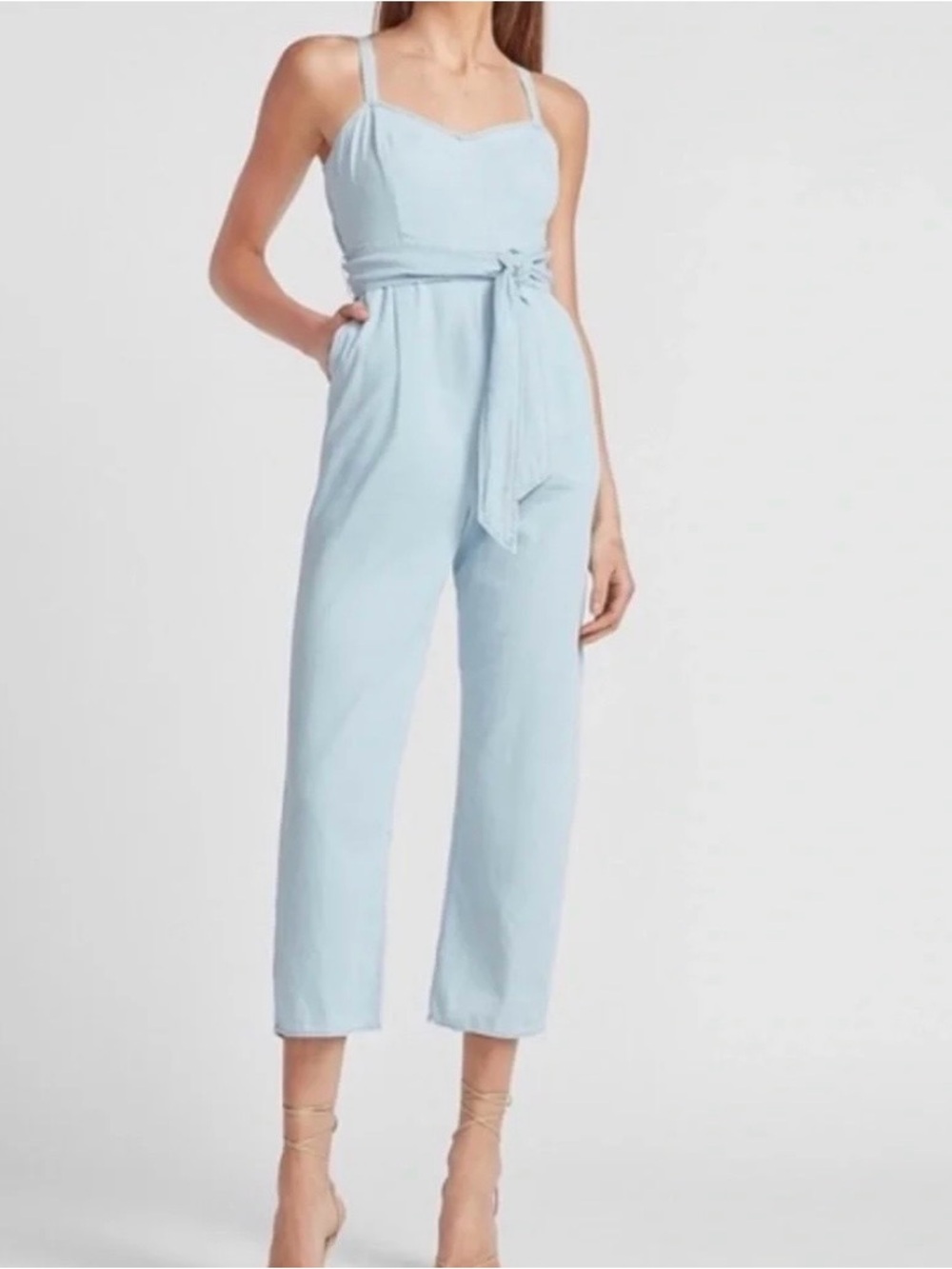 Express Pale Blue Sleeveless Belted Jumpsuit